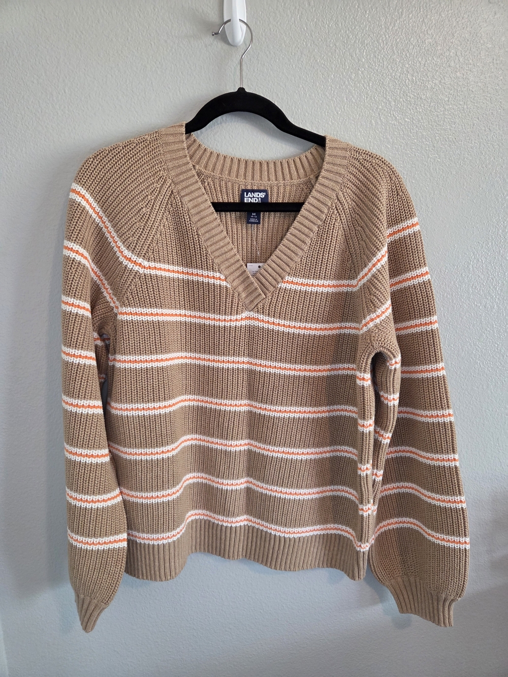 Lands' End Women's Beige V-Neck Sweater with White & Orange Stripes